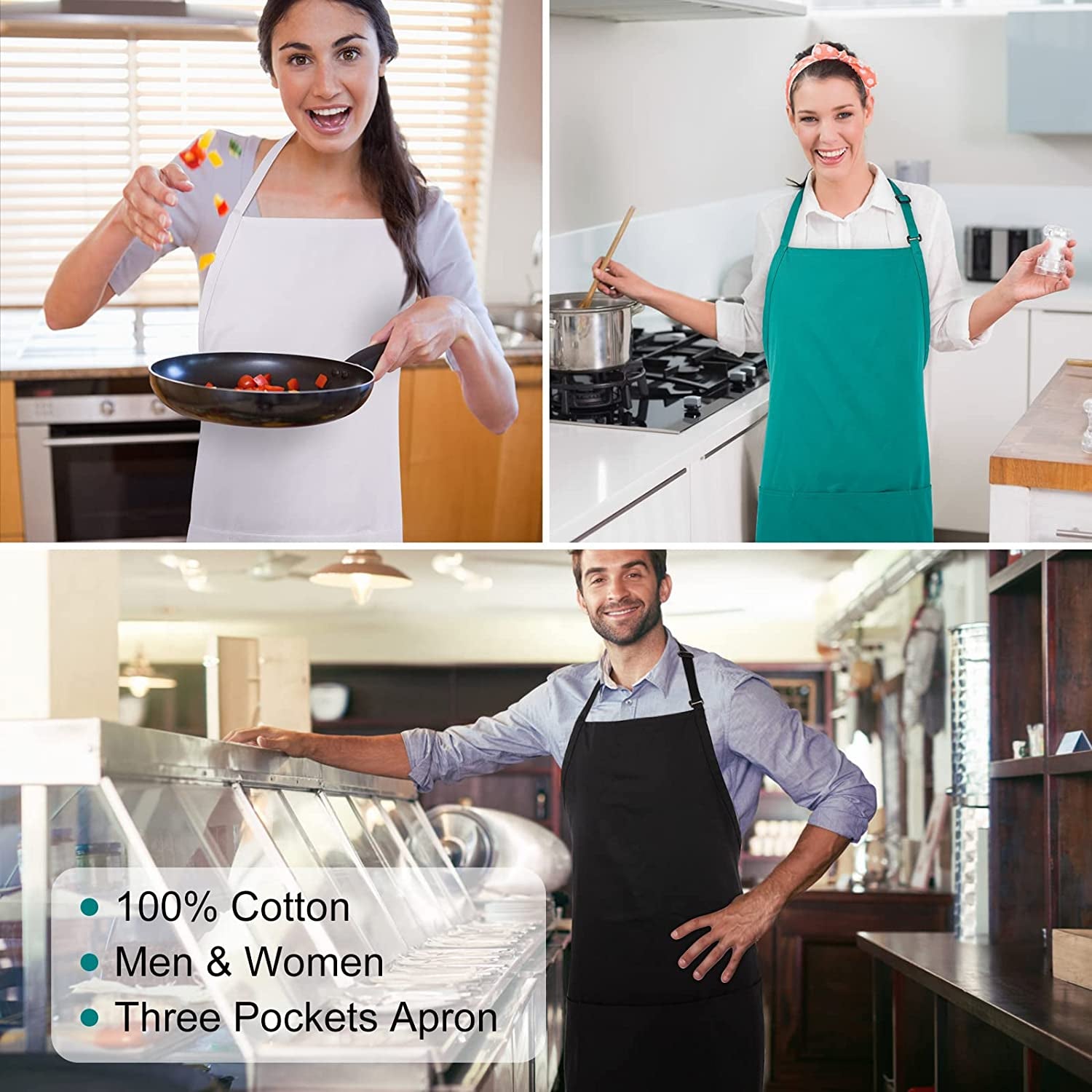 2 Pack 3 Pockets 100% Cotton Adjustable Bib Apron Chef Kitchen Cooking Aprons for Women Men. Black - Image 7