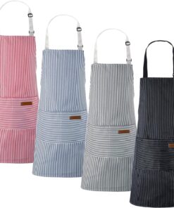 Cooking Apron with Pockets Waterproof Baking Apron Soft Chef Kitchen Aprons Cotton Polyester Blend Adjustable Bib Aprons for Women Men. Crafting BBQ. Black. Blue. Pink. Grey Stripes(4 Pcs)