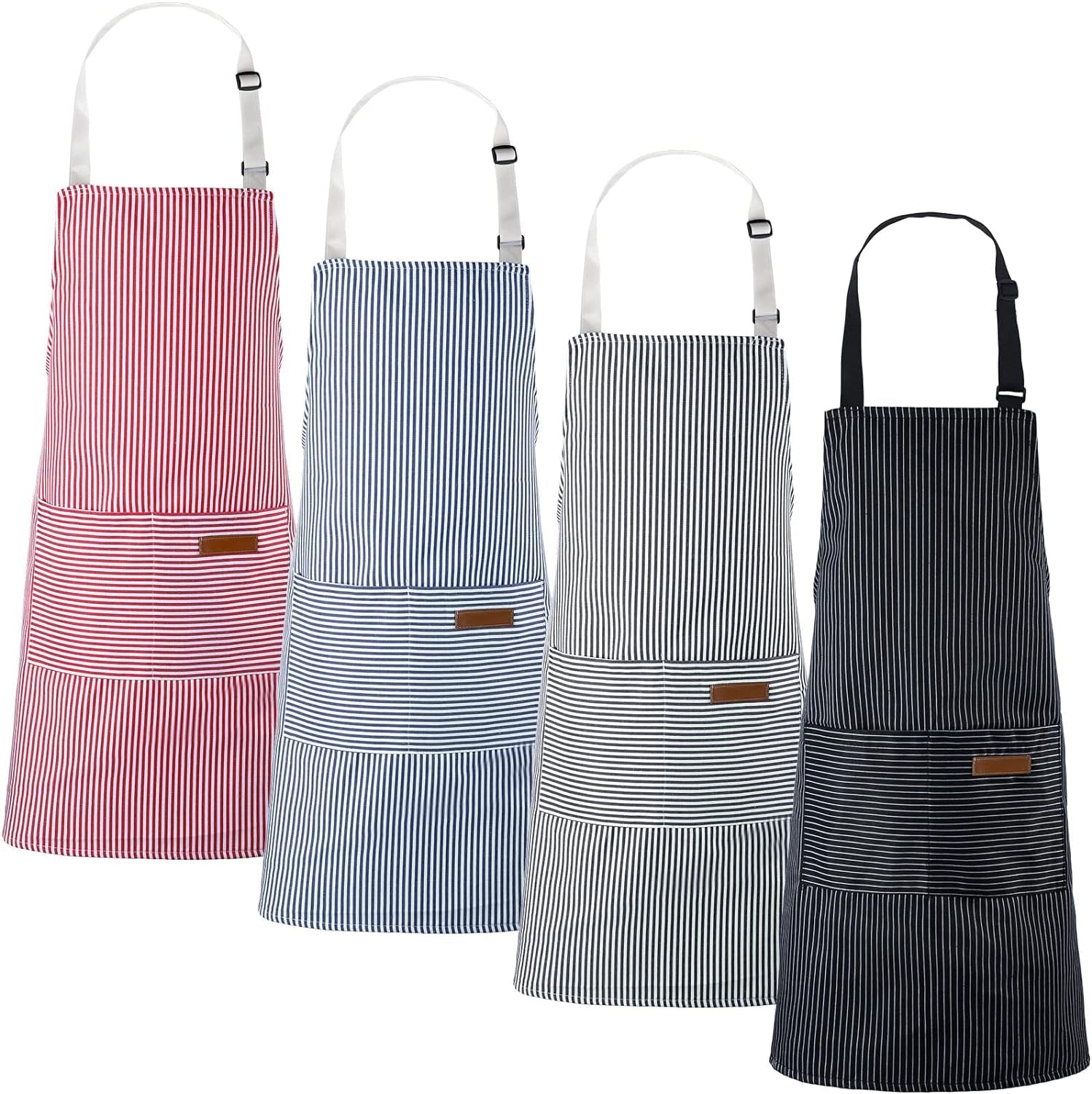 Cooking Apron with Pockets Waterproof Baking Apron Soft Chef Kitchen Aprons Cotton Polyester Blend Adjustable Bib Aprons for Women Men. Crafting BBQ. Black. Blue. Pink. Grey Stripes(4 Pcs)