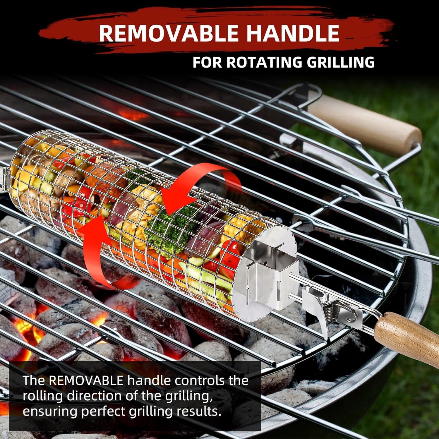 CEBERVICE Rolling Grilling Baskets. SUS304 Stainless Steel. REMOVABLE WOODEN HANDLE. Portable BBQ Outdoor Camping round Cylinder Grilling Rack for Fish. Vegetables. Shrimp. Barbeque Griller Cooking Accessories Gifts for Men. Dad. Father. Husband - Image 2