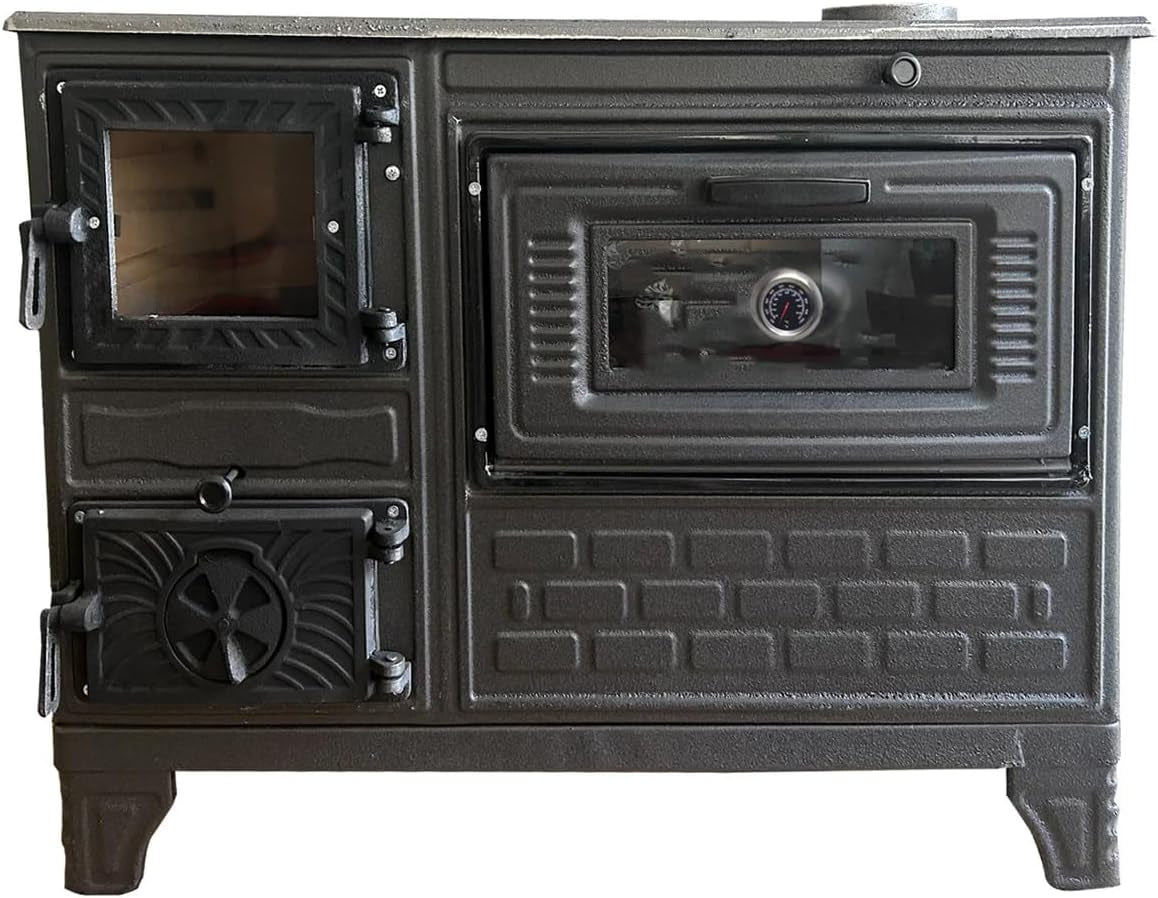 Cast Iron Stove with Oven. Durable Cast Baking Oven. Cooker Oven by Burning Wood. Warming Heater Stove. Oven Section with Thermometer. Brick Lined Fireplace Made in Turkiye (Black-With-Window)