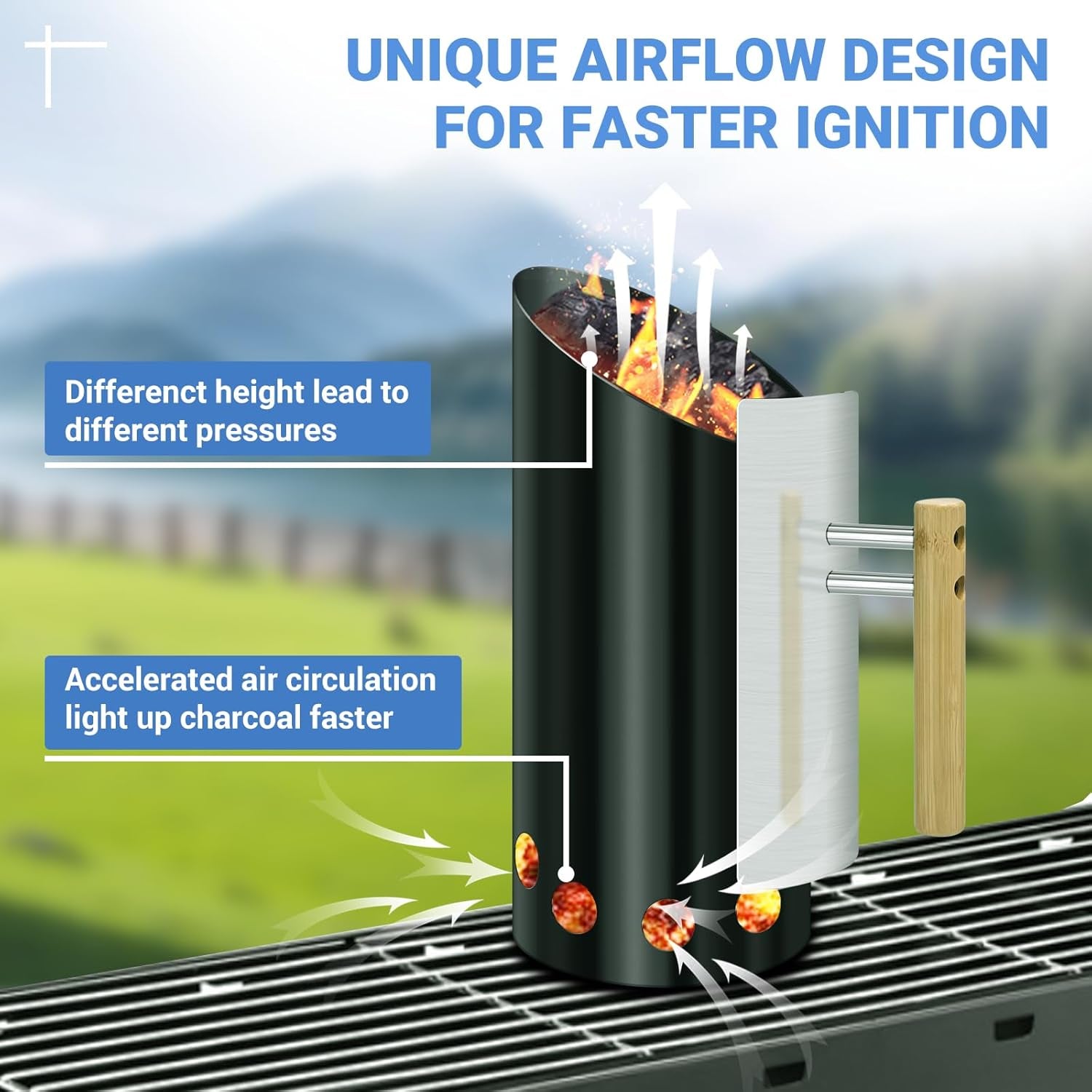 Charcoal Chimney Starter Double Enameled Chimney Starter Charcoal Chimney with Heat Shield & Wood Handle Great Heat Insulation Coal Starter for Grill Easy Grip Charcoal Starter. Black - Image 4