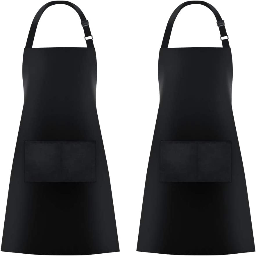 2 Pack Bib Aprons with 2 Pockets Cooking Chef Kitchen Apron for Women Men. Black