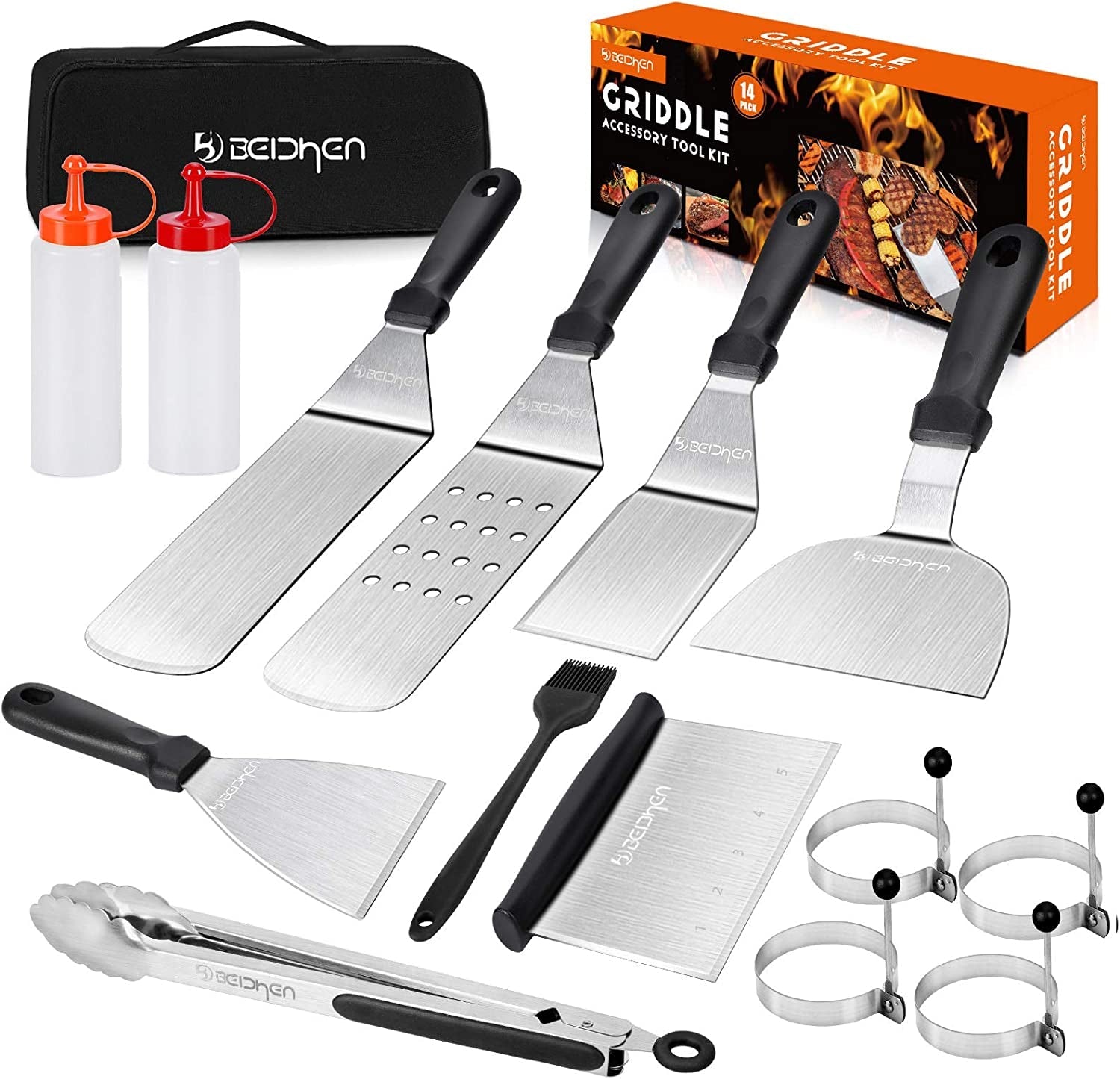 Griddle Accessories Kit. 14 Pcs Stainless Steel Griddle Grill Tools Set Blackstone and Camp Chef. Professional Grill Spatula Set for Men Women Outdoor BBQ and Camping