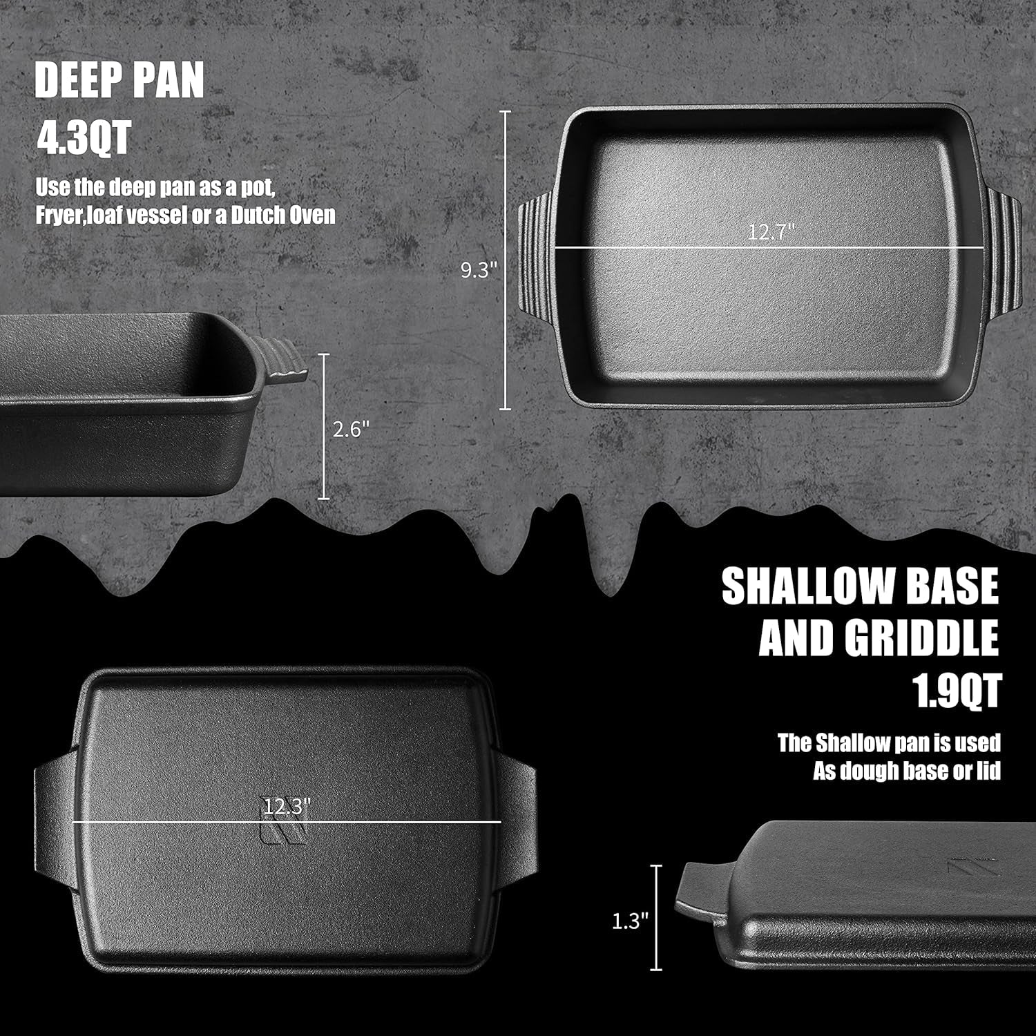 2-In-1 Pre Seasoned Cast Iron Dutch Oven with Skillet Lid.Casserole Dish.Rectangular Baking Pan.Griddle Pot Set. 6QT. 9X13 - Image 5