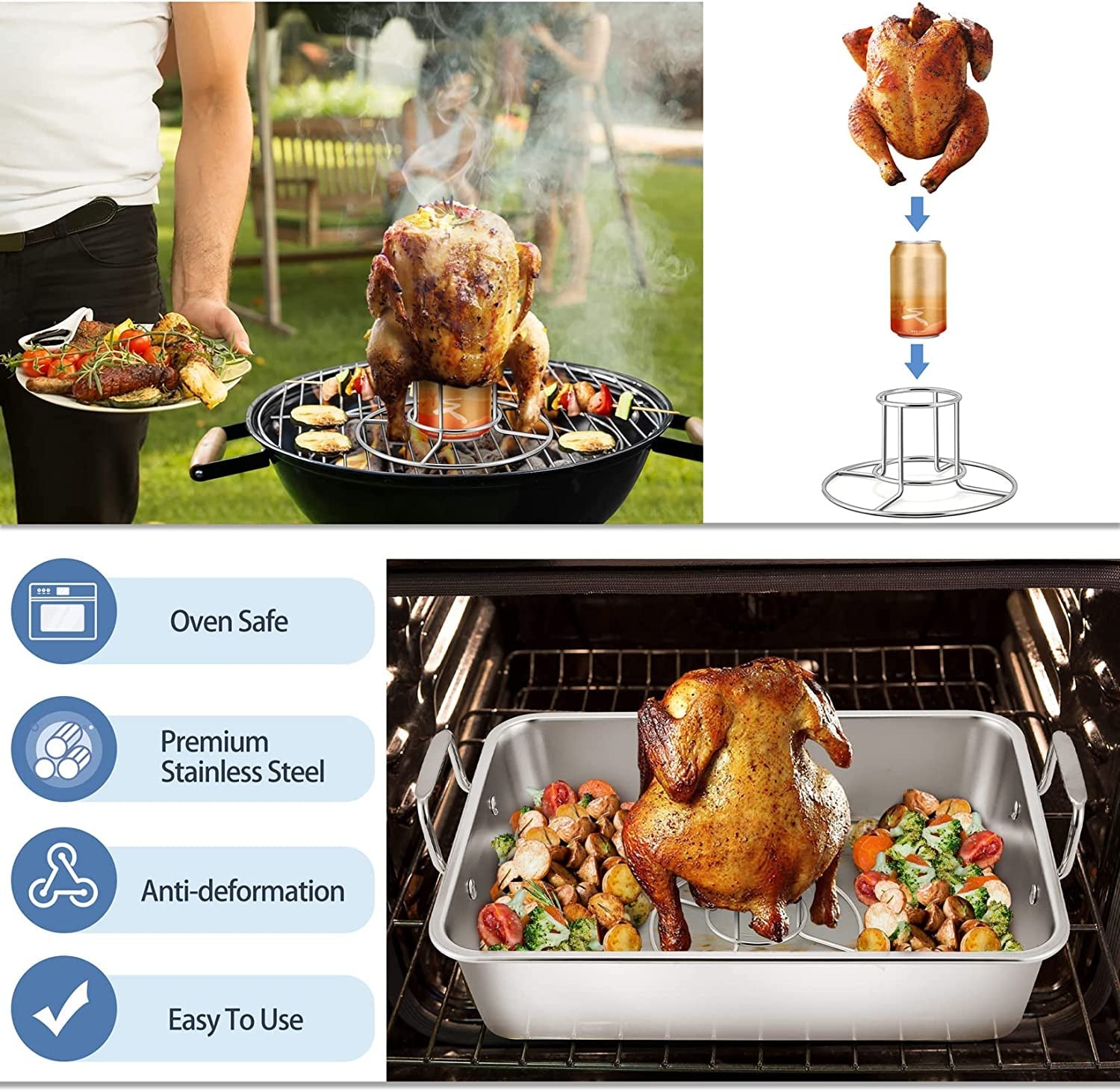 15¼ Roasting Pan with Rack. 7 PCS P&P CHEF Stainless Steel Roaster Lasagna Pan with Cooling Flat & V-Shaped Baking Rack. Grilling Chicken Holder. Meat Shredding Claws. Dishwasher & Oven Safe - Image 5