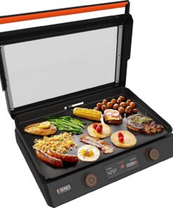 22-Inch Electric Griddle - 1200W Non Stick Ceramic Titanium Coated Stainless Steel Tabletop Griddle with Ez-Touch Control Dial. LCD Display. Patented Rotate & Remove Glass Hood - 8001