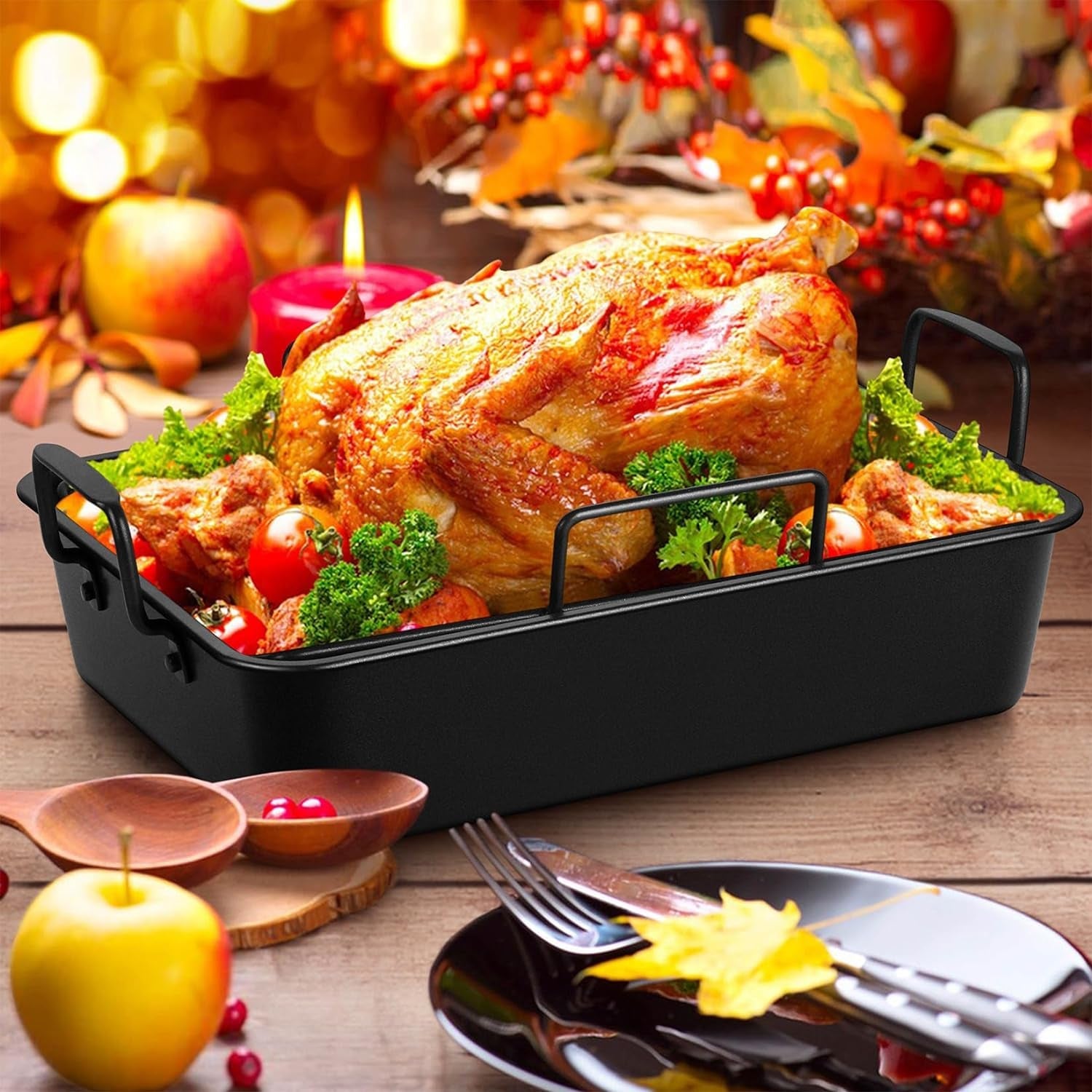 Large Roasting Pan with Rack Set of 3. P&P CHEF 15¼ Turkey Roaster Pan & V-Shape Baking Rack & Cooling Rack for Chicken Rib Lasagna Cookie. Nonstick Coating & Stainless Steel Core. Sturdy & Healthy - Image 4
