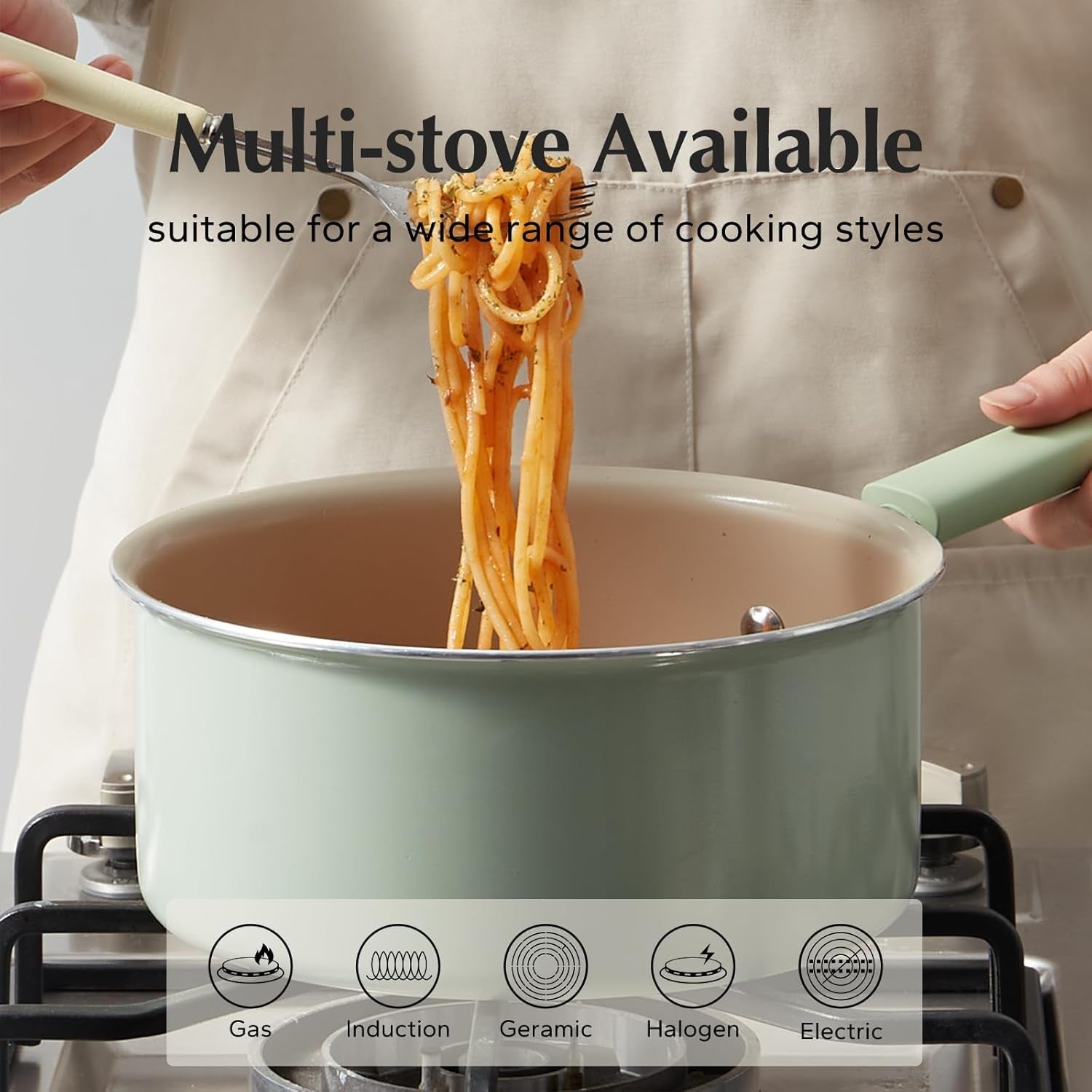 Redchef 3QT Ceramic Nonstick Saucepan with Lid – PFAS Free. Cool Handle. All Cooktops. Green - Image 6