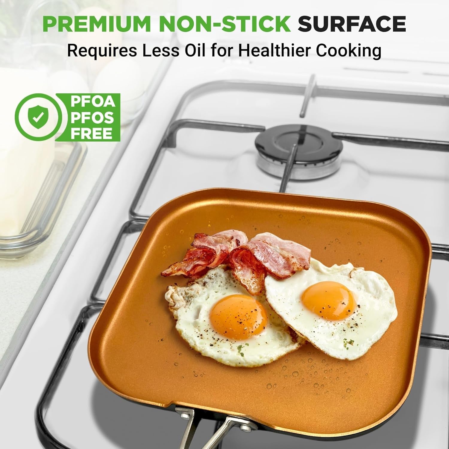 Nutrichef Copper Pan Non-Stick Coating Inside. Hard-Anodized Look Heat Resistant Lacquer Outside. Silicone Handle NCSQPA. 1 Griddle - Image 2