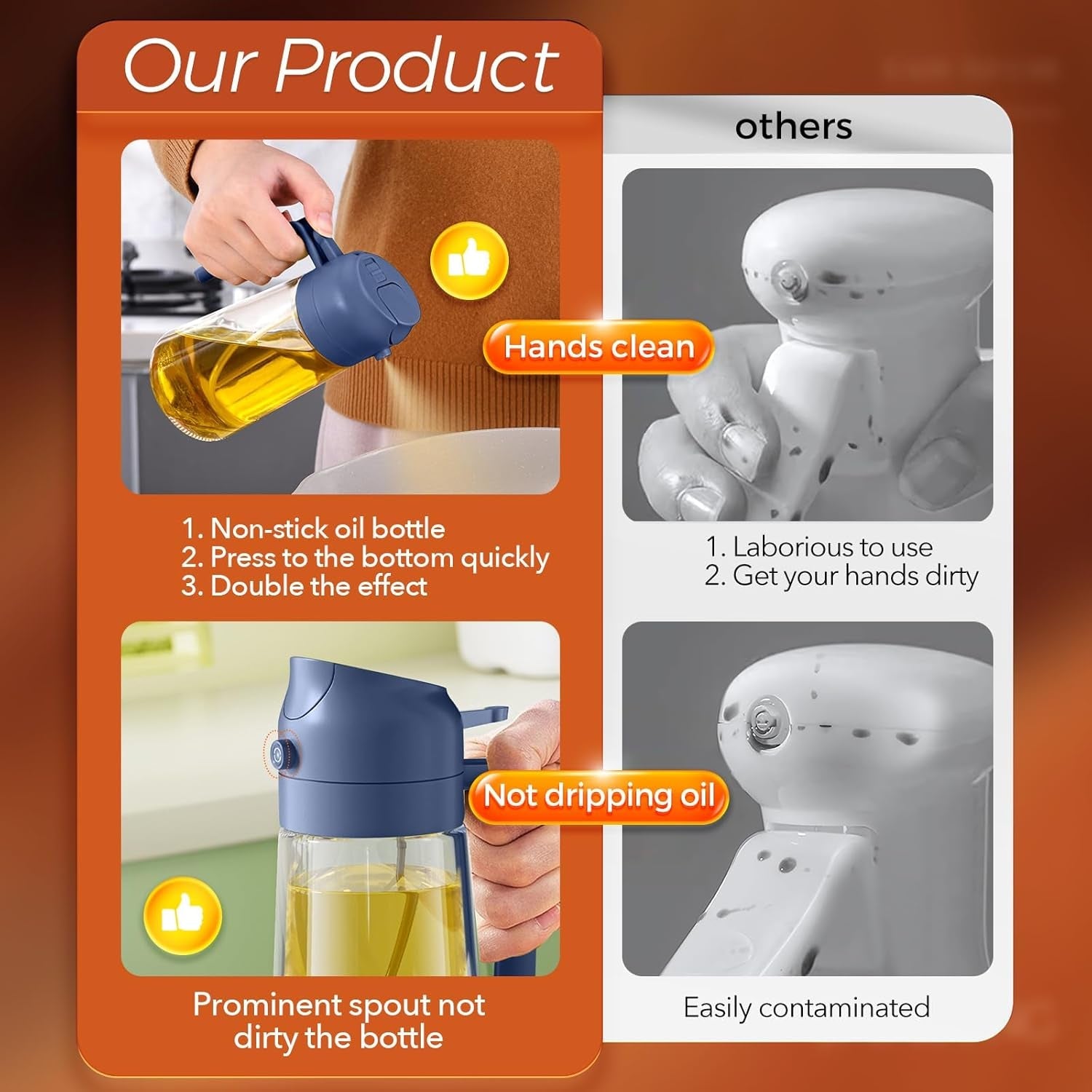 YRRAMATE 16oz Glass Olive Oil Sprayer – 2‑in‑1 Dispenser with Stickers & Portion Control (Navy) - Image 6