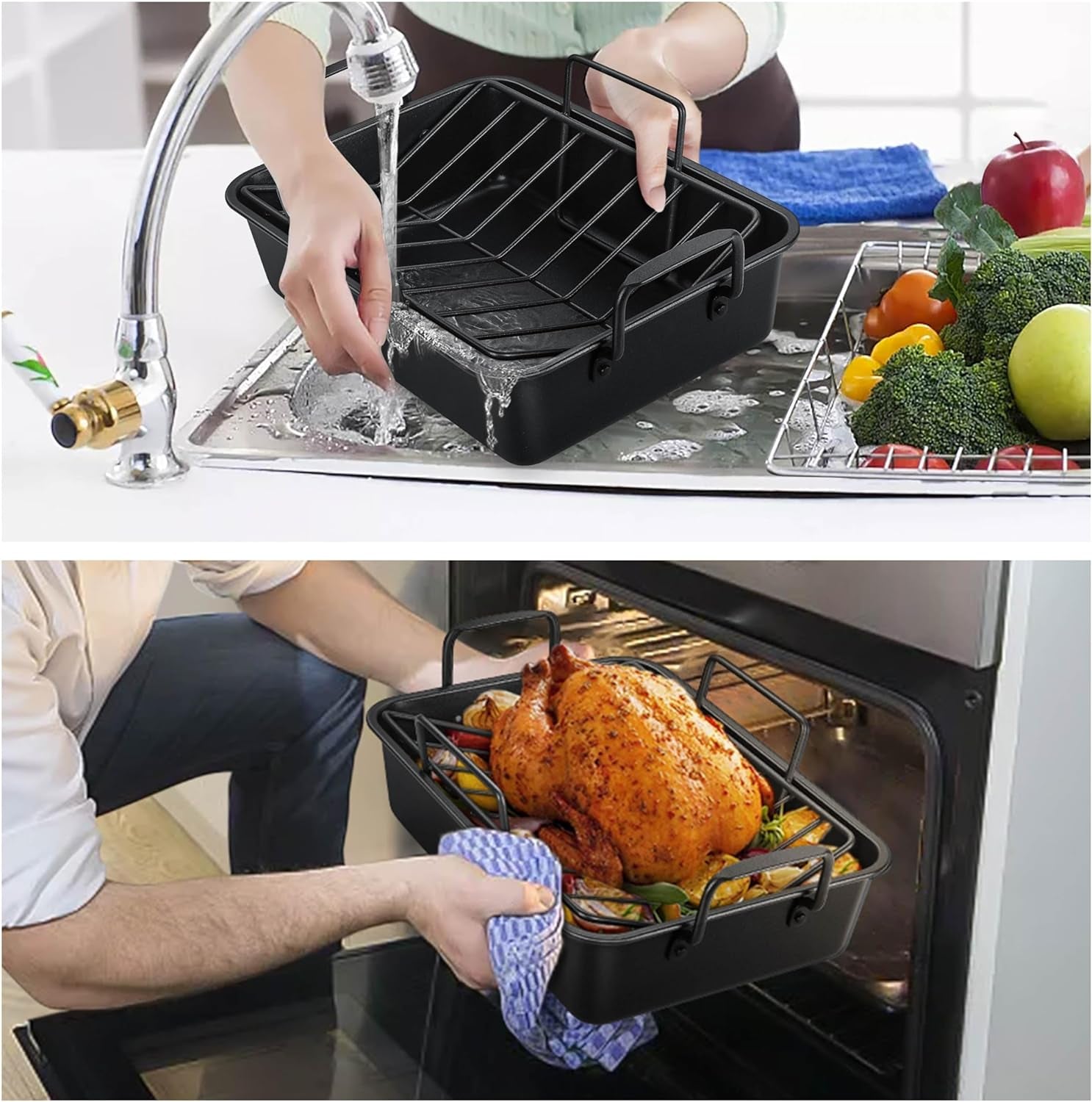 Teamfar Roasting Pan. 14Inch Coated Turkey Roaster Lasagna Pan with V-Shaped Rack & Flat Rack. Non-Stick Coating & Stainless Steel Core. Healthy & Heavy Duty. Deep Sides & Easy to Clean. Set of 3 - Image 7