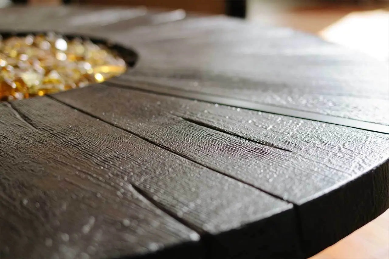 Castelle Altra 49 Round Coffee Table Fire Pit Reclaimed Timber Top and Antique Dark Rum Finish - Image 9