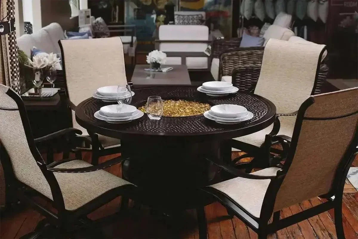 Castelle Classical 49 Round Fire Pit Dining Table with Forged Top and Antique Dark Rum Finish - Image 5