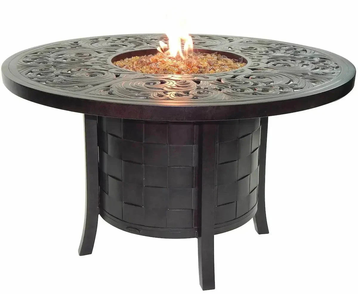 Castelle Classical 49 Round Fire Pit Dining Table with Live Edge Driftwood Top and Antique Dark Rum Finish
