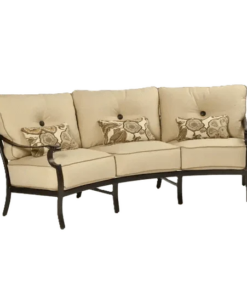 Castelle Monterey Cushioned Crescent Sofa in Antique Dark Rum Finish with Chartres Malt Cushions and Esti Birch Pillows