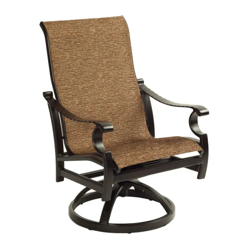 Castelle Monterey Sling Swivel Rocker Dining Chair in Antique Walnut Finish with Augustine Oyster Sling