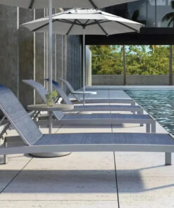 Castelle Orion Adjustable Sling Chaise Lounge with Platinum Tex Finish and Augustine Denim Sling