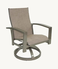 Castelle Orion Sling Dining Swivel Rocker Chair in Antique Dark Rum Finish with Augustine Oyster Sling