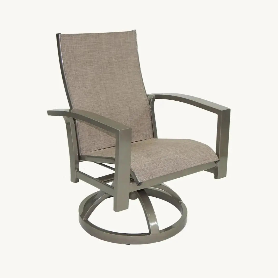 Castelle Orion Sling Dining Swivel Rocker Chair in Antique Dark Rum Finish with Augustine Oyster Sling