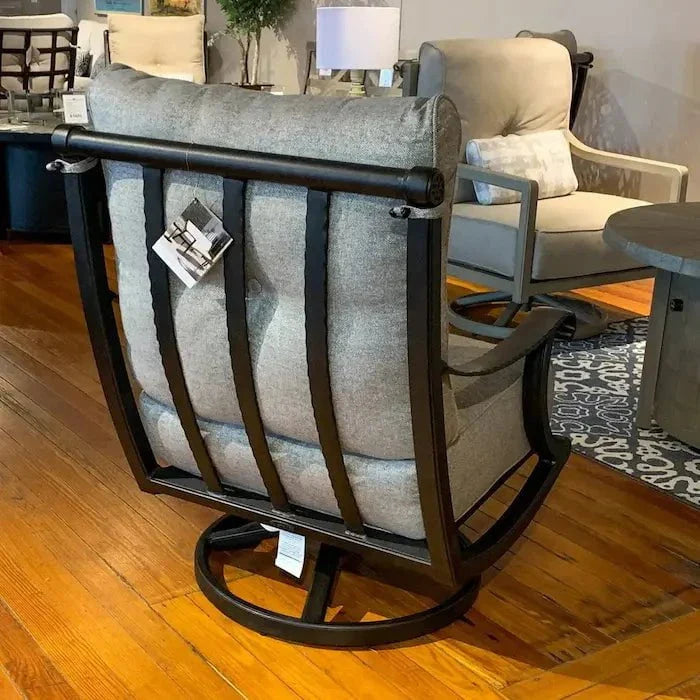 Castelle Telluride High Back Cushioned Lounge Swivel Rocker with One Accent Pillow in Antique Dark Rum Finish with Chartres Smoke Cushions - Image 2