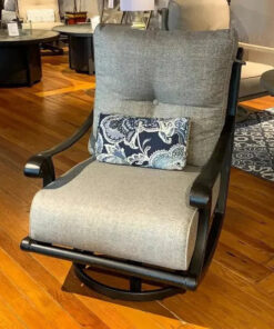 Castelle Telluride High Back Cushioned Lounge Swivel Rocker with One Accent Pillow in Antique Dark Rum Finish with Chartres Smoke Cushions