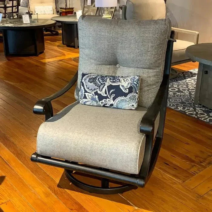 Castelle Telluride High Back Cushioned Lounge Swivel Rocker with One Accent Pillow in Antique Dark Rum Finish with Chartres Smoke Cushions