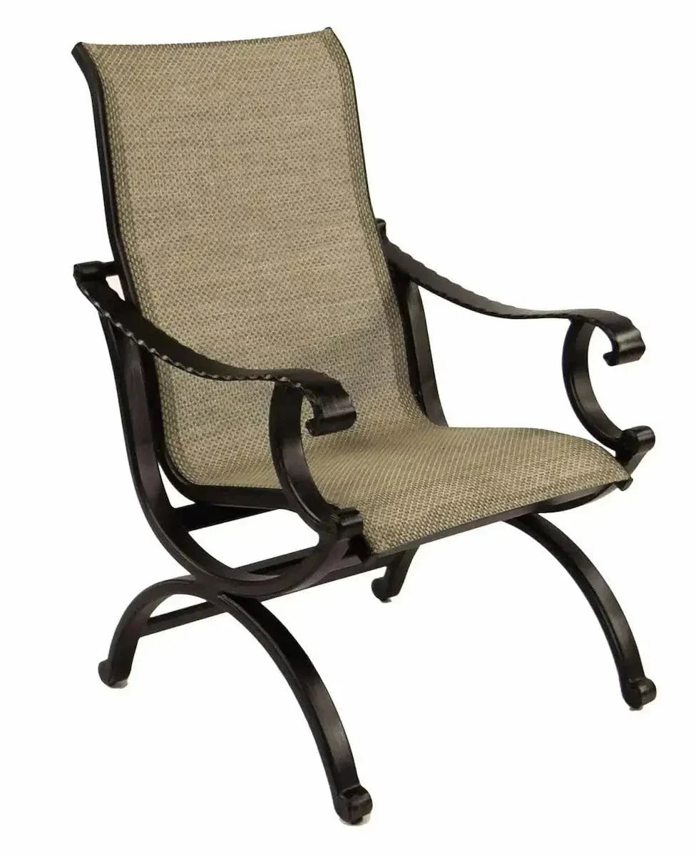 Castelle Telluride Sling Dining Chair with Antique Walnut Frame and Sailing Sahara Sling