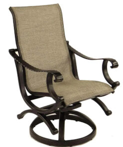 Castelle Telluride Sling Swivel Rocker with Antique Walnut Frame and Augustine Oyster Sling