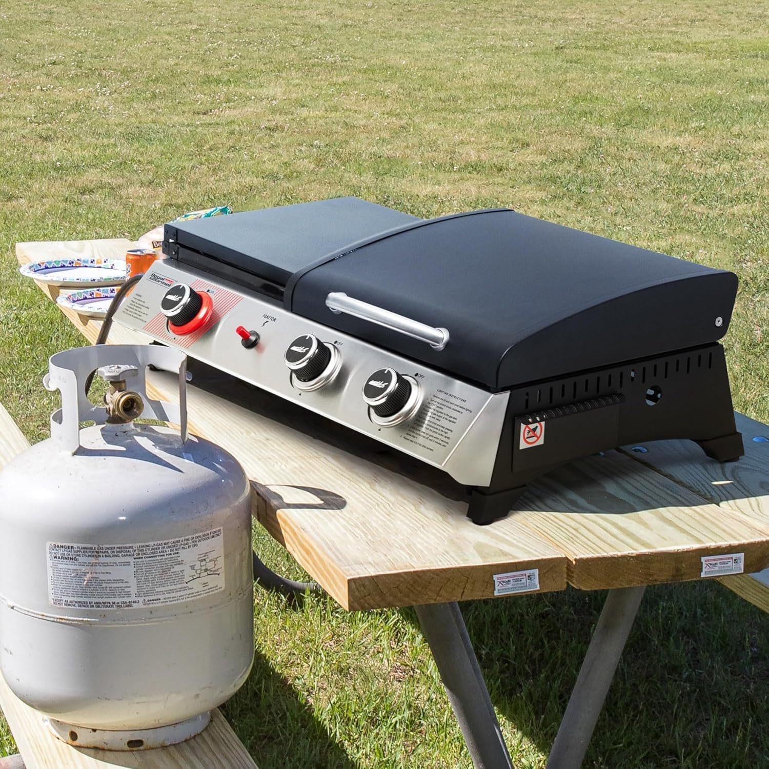 Royal Gourmet PD1305H 3-Burner Propane Gas Grill and Griddle Combo with Lid. 3-In-1 Grill Griddle Combo with 29.000 Btus Output for Outdoor Cooking. 364 Sq. In. Cooking Area. Silver & Black - Image 2