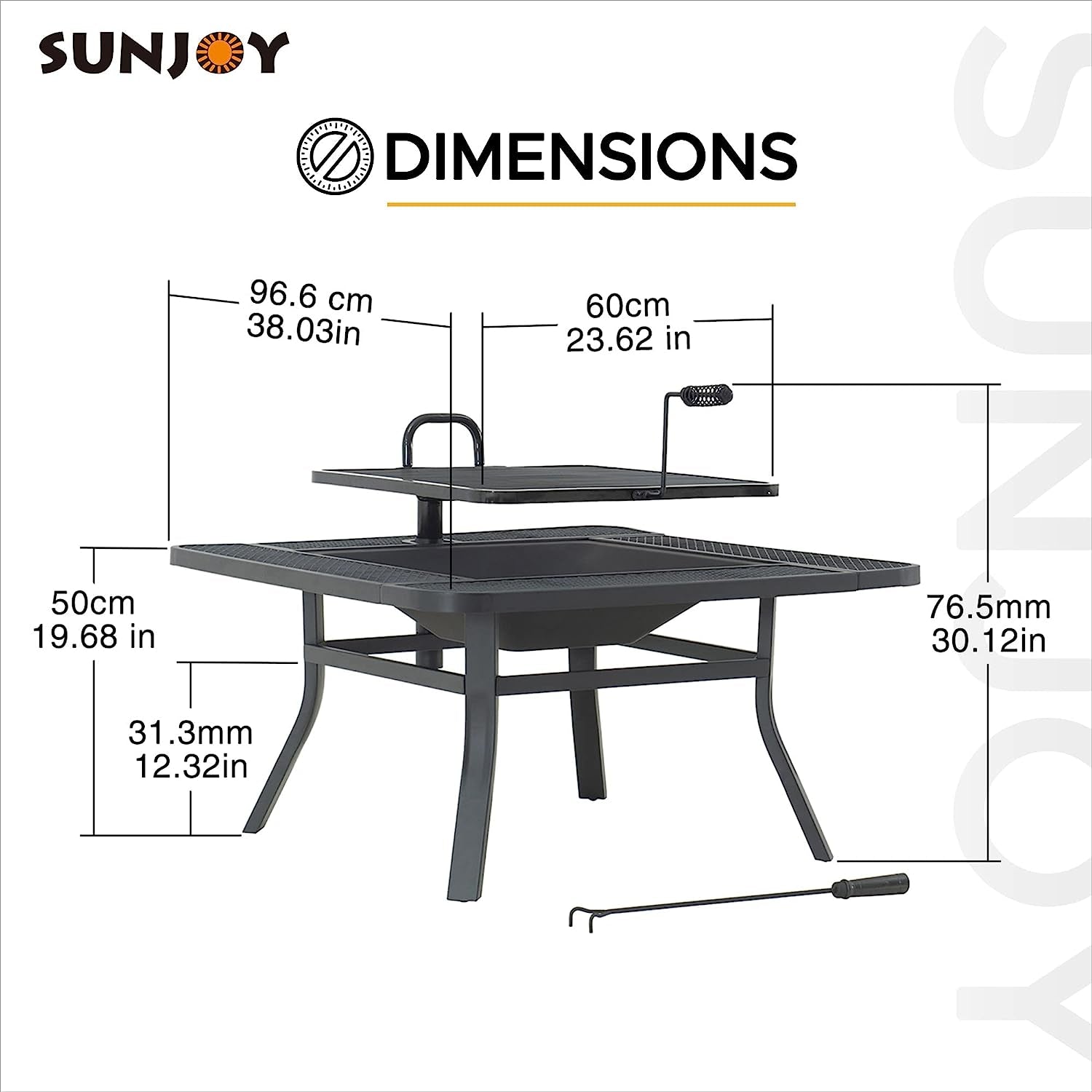 Sunjoy 38 In. Fire Pit for Outside. Square Wood Burning Firepit Large Steel Fire Pits with Adjustable Cooking Swivel BBQ Grill and Fire Poker Black - Image 10