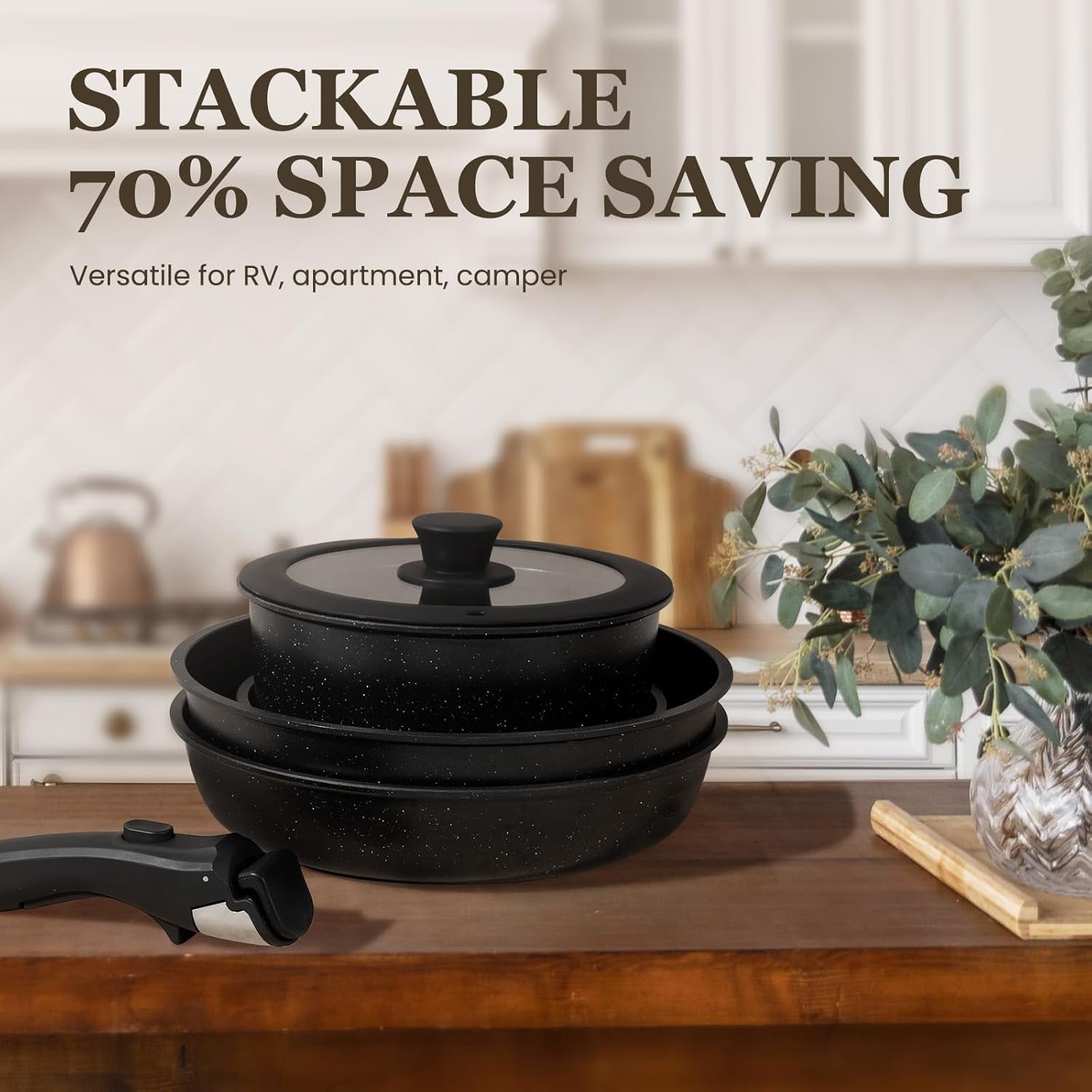 KIKCOIN 20 Pcs Pots and Pans Set Non Stick. Detachable Handle Cookware Sets Nonstick. Non Toxic Induction RV Kitchen Cooking Set with Removable Handles. Dishwasher/Oven Safe. Easy Clean (Black) - Image 7