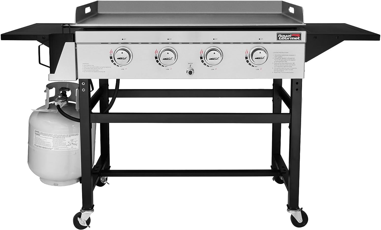 GB4001B 4-Burner Flat Top Gas Grill 52000-BTU Propane Fueled Professional Outdoor Griddle 36Inch Backyard Cooking with Side Table. Black
