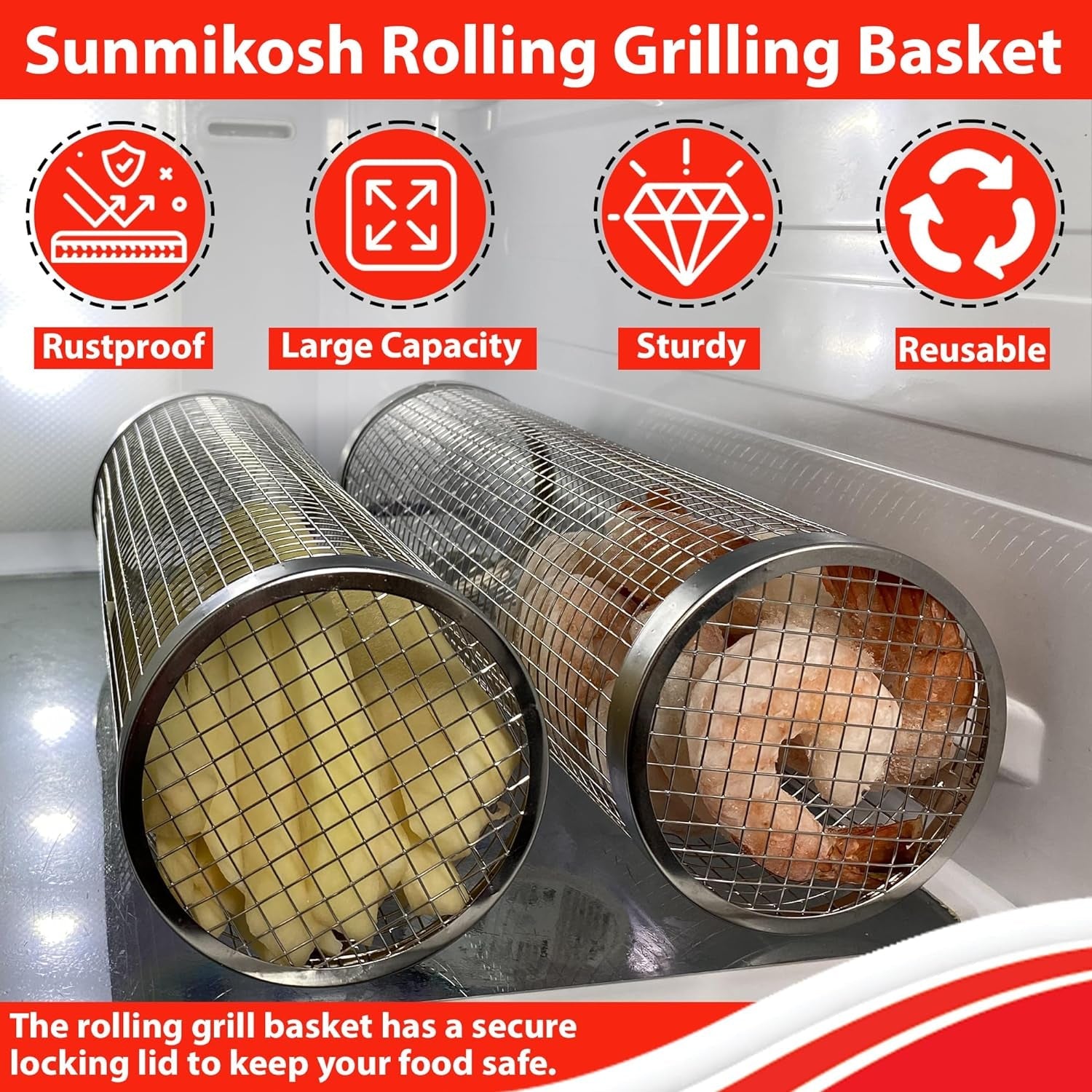 Sunmikosh Rolling Grilling Basket - Barbecue Portable Roll Grill Basket for Outdoor Camping - Stainless Steel BBQ Net Tube Grill Basket. Suitable for Fish. Kabob. Meat. Vegetables. French Fries - Image 3