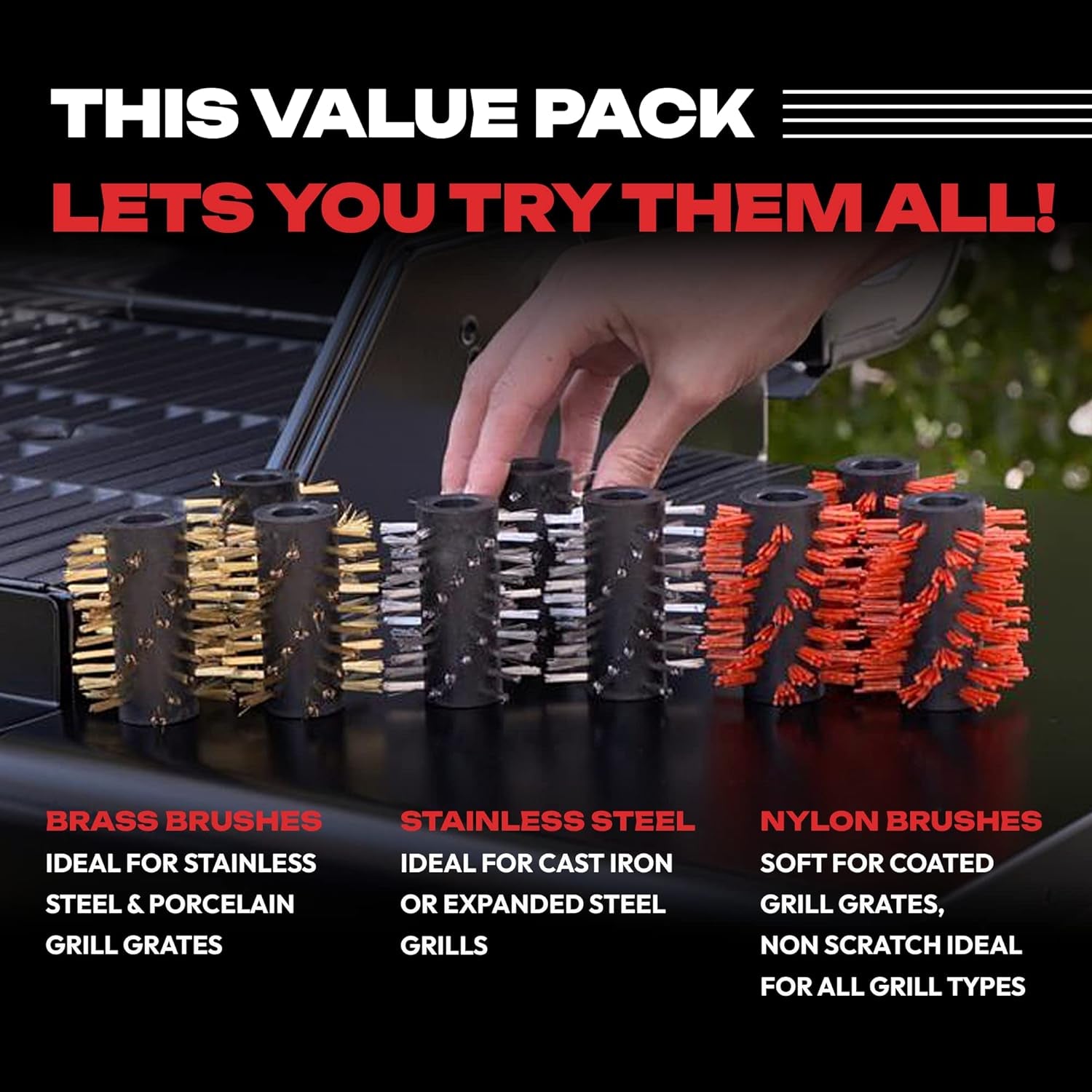 Automatic BBQ Grill Cleaning Robot Replacement Brush - Grill Cleaner Parts. Grilling Accessories. Wire Brush Tool. Metal Brush - Set of 3 Each Stainless Steel. Nylon and Brass Variety Pack - Image 3