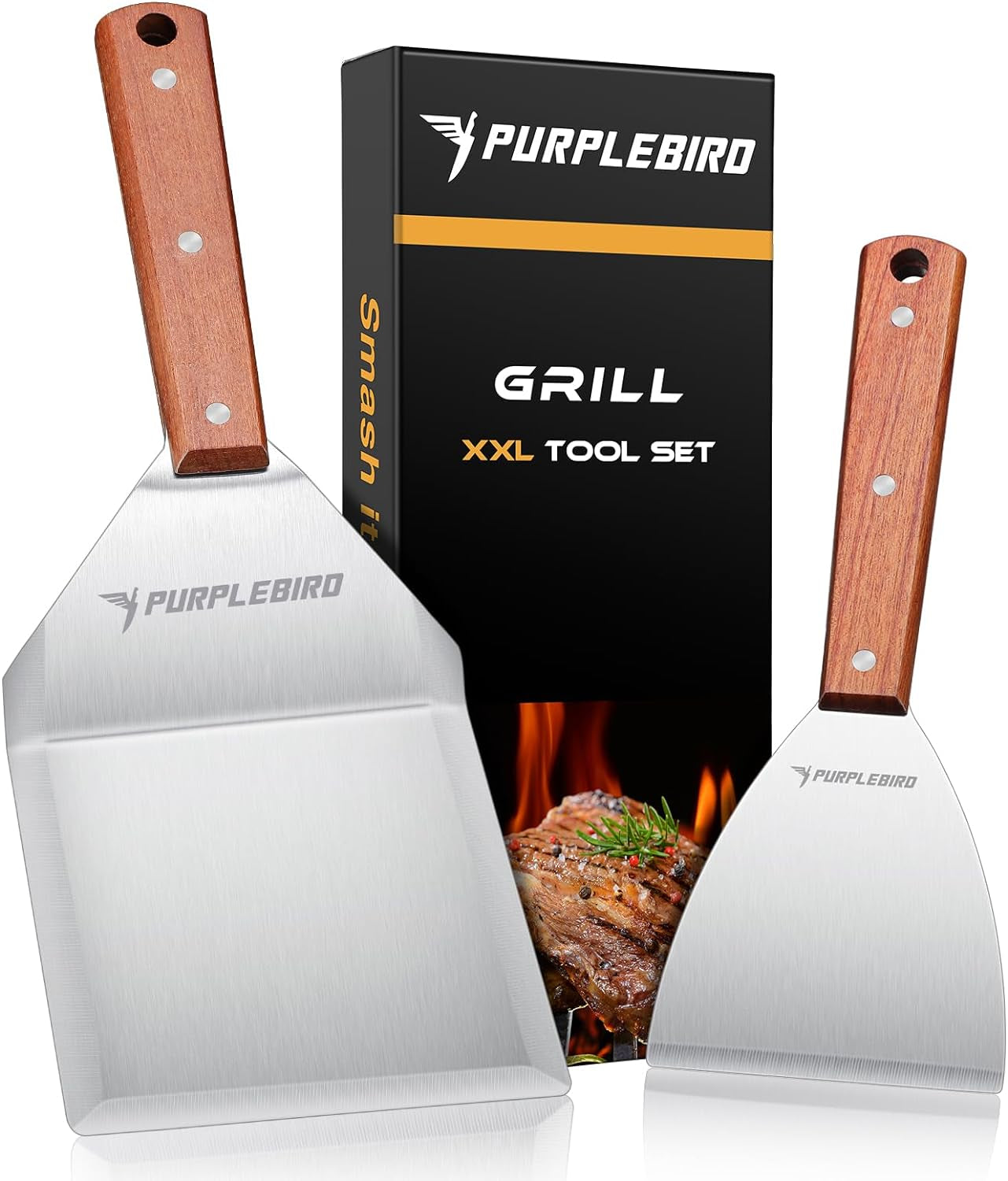 PURPLEBIRD Extra Large Grill Spatula Set Stainless Steel Smash Burger Spatula Kit. 5.5 X 5 Inch BBQ Griddle Spatula and Grill Scraper. Griddle Tools. Grill Utensils for Camping