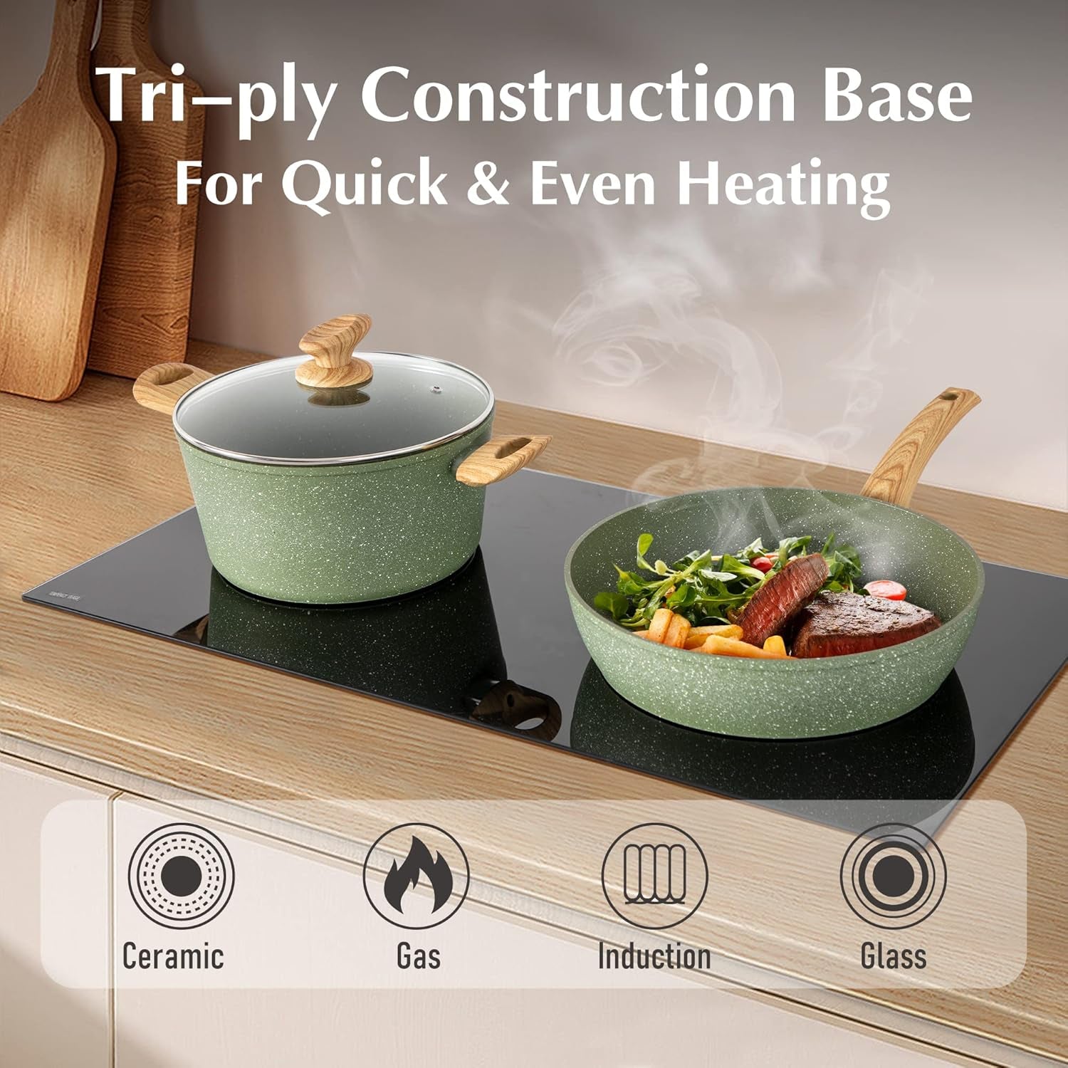 MAISON ARTS Pots and Pans Set Non Stick. 12 Piece Green Granite Kitchen Cookware Induction Compatible. Pot and Pan Sets for Cooking Nonstick - Image 5