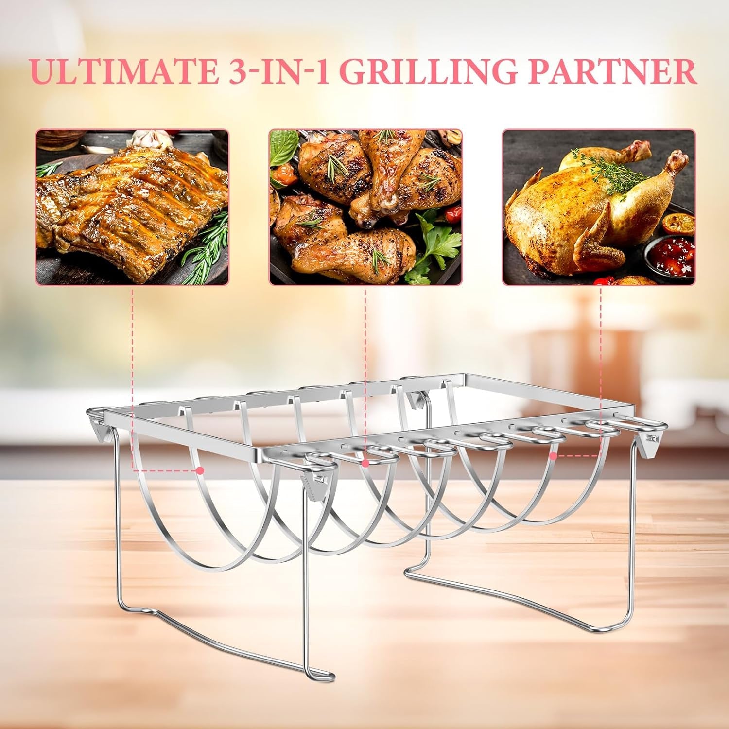 BMMXBI Foldable 3-In-1 Chicken Leg Rib Rack for Grill. Oven. Holds 12 Chicken Leg Wing. 6 Large Ribs. 1 Whole Chicken. Stainless Steel Rib Chicken Drumstick Roasting Racks Smoker Accessories - Image 5