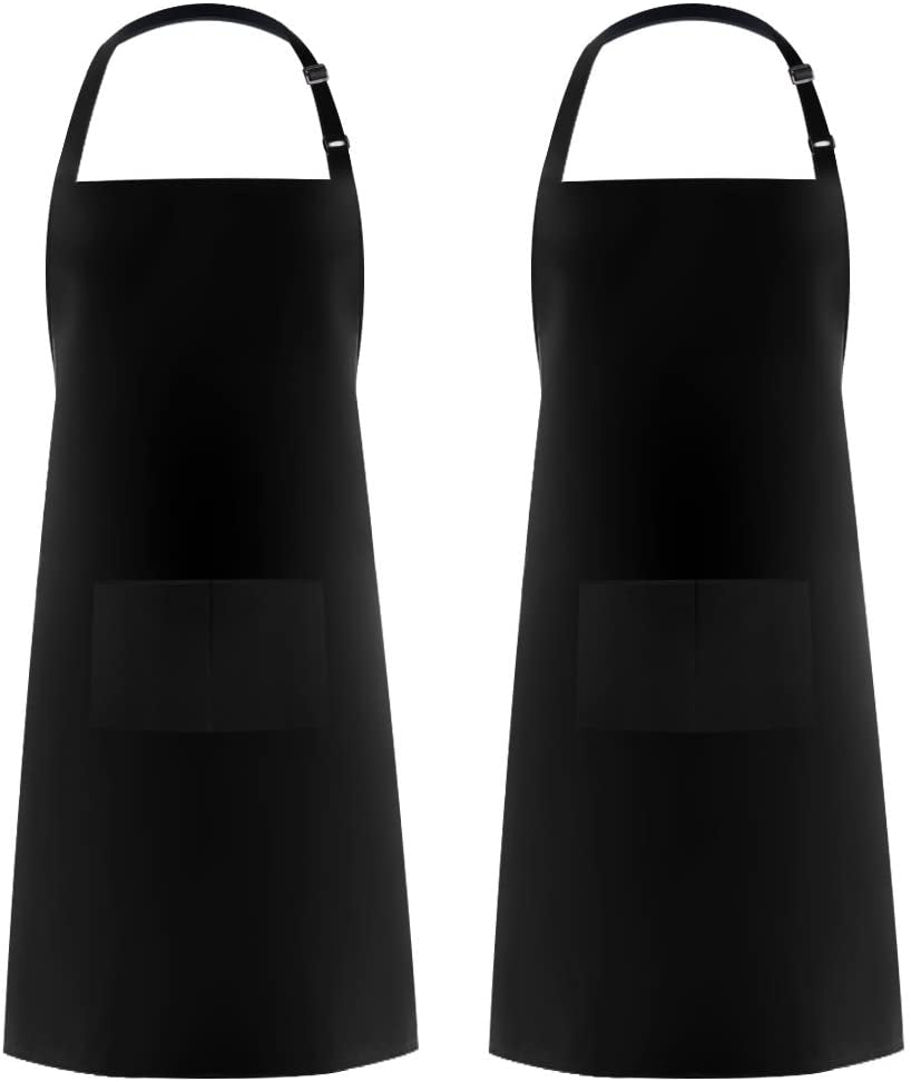 2 Pack Adjustable Bib Apron Thicker Version Waterdrop Resistant with 2 Pockets Cooking Kitchen Aprons for Women Men Chef. Black