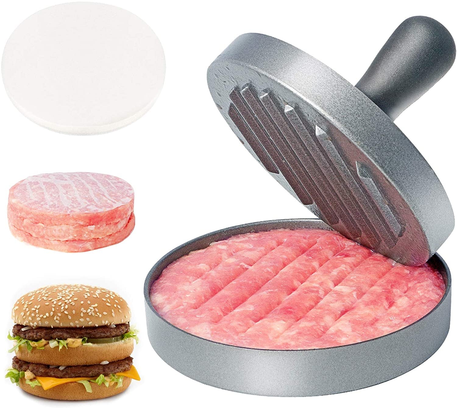 Asdirne Hamburger Press Patty Maker. Food Grade Aluminum Burger Press with ABS Handle. Non-Stick. Easy to Clean. with 50 Pcs Wax Patty Paper. 4.6 Diameter and 0.7 Depth