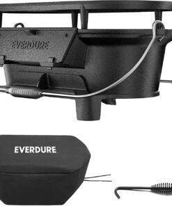 Everdure Oval Cast Iron Grill & Cover – Outdoor. Portable Charcoal Grill and Tabletop Cast Iron Skillet - 100% Cast Iron. Enameled. Durable. Small Charcoal Grill. Camping Stove. Hibachi Grill