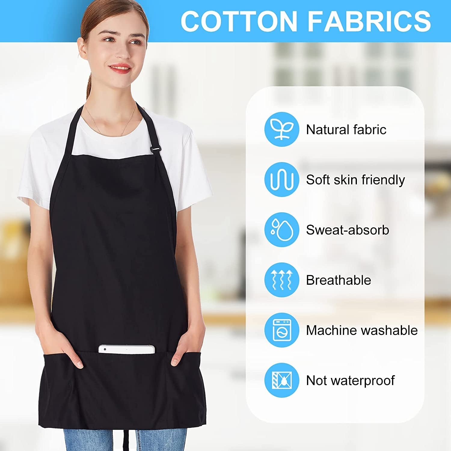 2 Pack 3 Pockets 100% Cotton Adjustable Bib Apron Chef Kitchen Cooking Aprons for Women Men. Black - Image 4