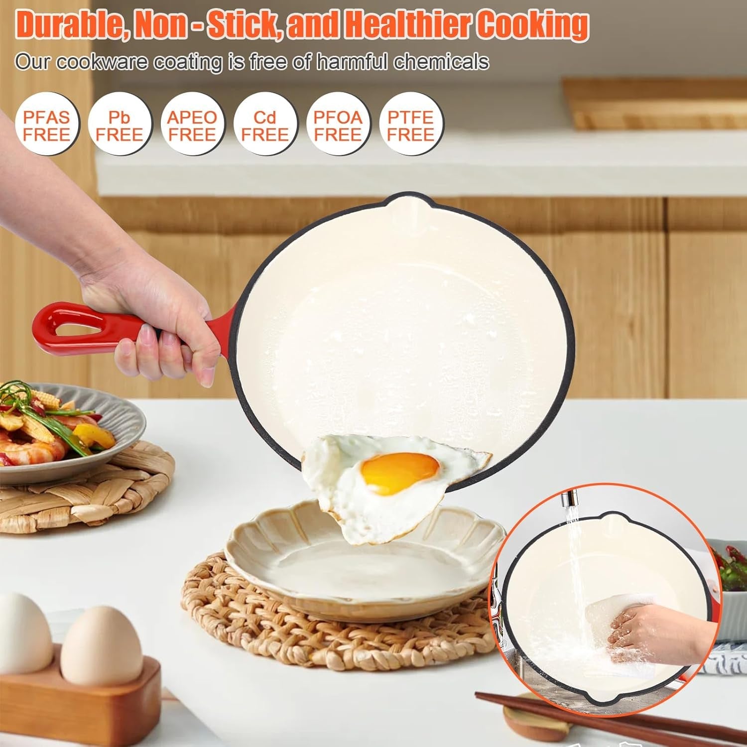 Nonstick Enameled Cast Iron Cookware Set. 8-Pcs Pots and Pans with Lid. Skillet. Frying Pan. Saucepan & Dutch Oven for All Stovetops. PFA Free - Ideal for Sourdough Bread Baking - Comes with Organizer - Image 5