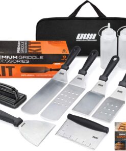 OUII Flat Top Griddle Accessories for Blackstone and Camp Chef Griddle - 9 Pieces Set with Griddle Cleaning Kit and Carry Bag! Metal Spatula. Scraper for Hibachi and Teppanyaki Grill
