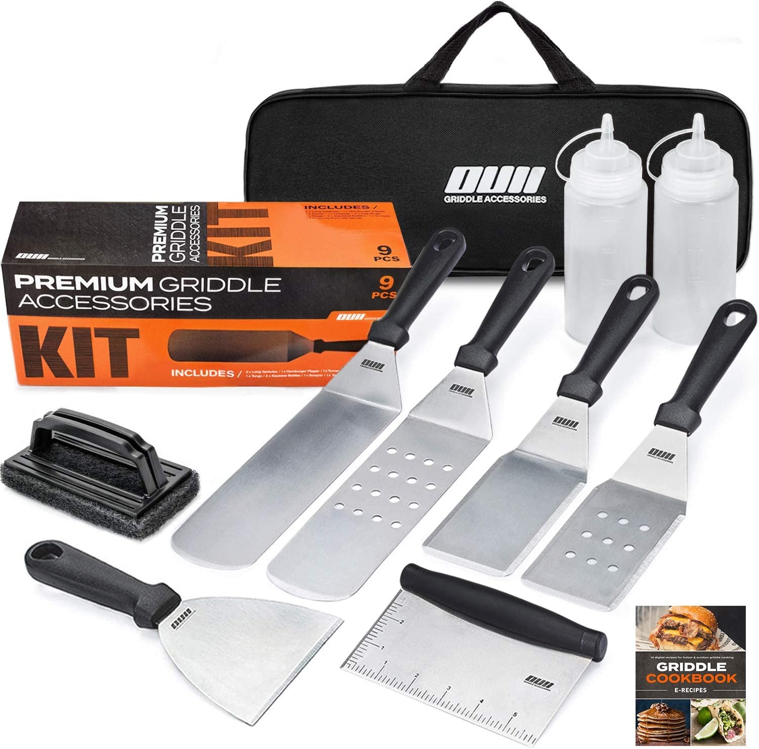 OUII Flat Top Griddle Accessories for Blackstone and Camp Chef Griddle - 9 Pieces Set with Griddle Cleaning Kit and Carry Bag! Metal Spatula. Scraper for Hibachi and Teppanyaki Grill