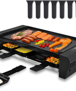 TAMARIT Raclette Table Grill for 8. 2 in 1 Raclette Grill Small Swiss Style Raclette Pfas-No Nonstick Reversible Grill/Griddle Plate Adjustable Temperature Control 1300 W. 8 Raclette Cheese Pans Black