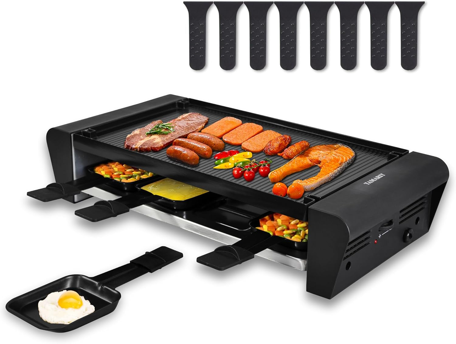 TAMARIT Raclette Table Grill for 8. 2 in 1 Raclette Grill Small Swiss Style Raclette Pfas-No Nonstick Reversible Grill/Griddle Plate Adjustable Temperature Control 1300 W. 8 Raclette Cheese Pans Black