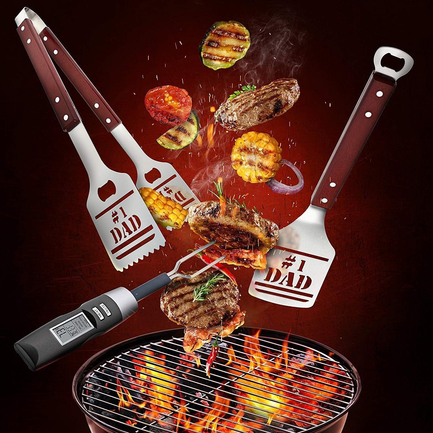 Panoware BBQ Grill Tools Set for Dad. 4 Piece Set. Number 1 Dad Tongs. Spatula. Digital Thermometer and Case - Image 6