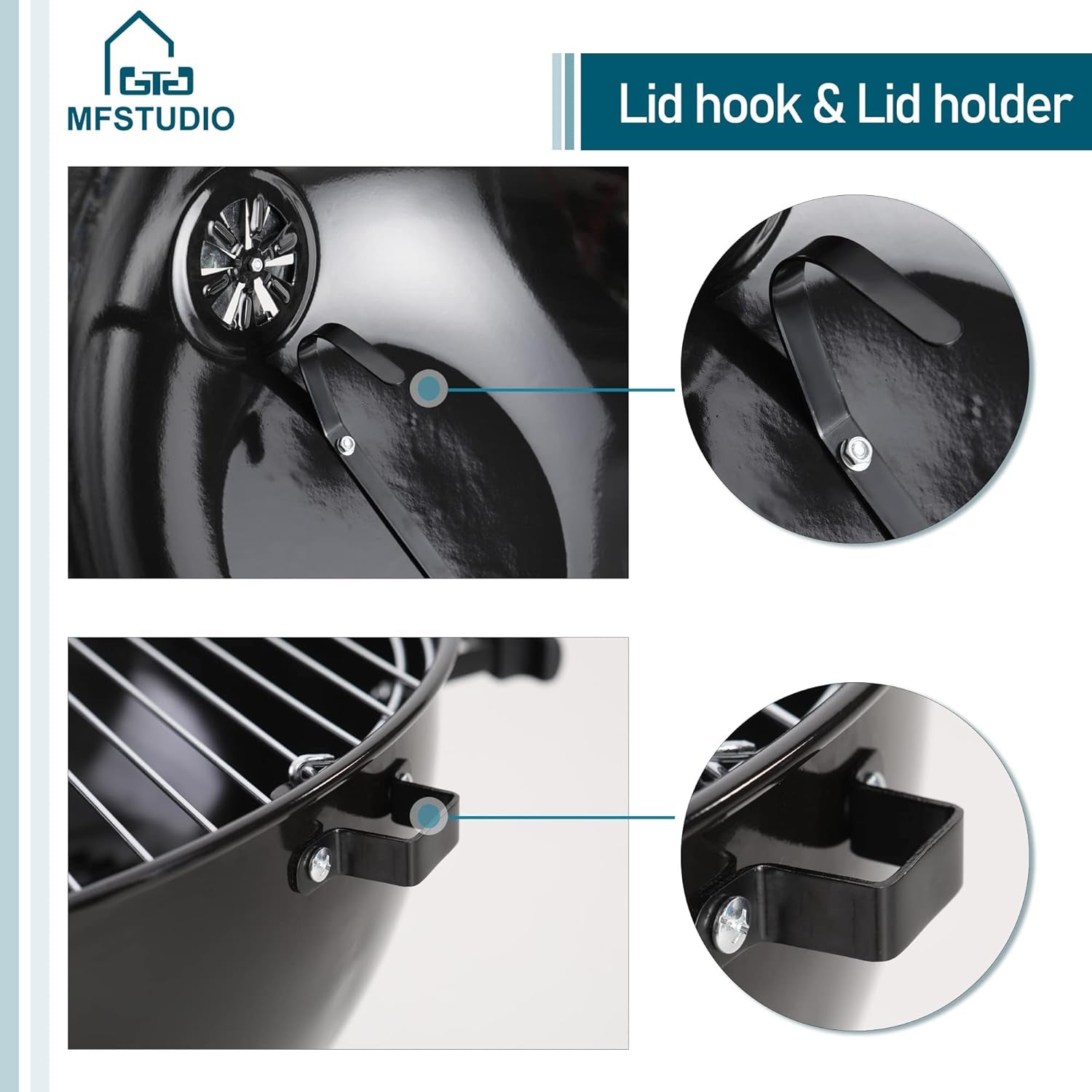 MFSTUDIO 22 Master Kettle Charcoal Grill. Premium Outdoor Barbecue Grill with Thermometers. Porcelain-Enameled Lid & Ash Catcher. Black - Image 8