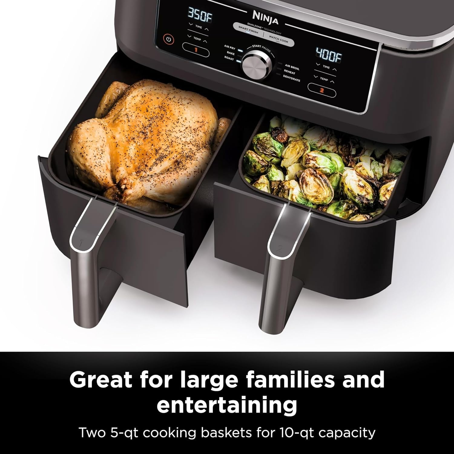 DZ401 Foodi 10 Quart 6-In-1 Dualzone XL 2-Basket Air Fryer with 2 Independent Frying Baskets. Match Cook & Smart Finish to Roast. Broil. Dehydrate for Quick. Easy Family-Sized Meals. Grey - Image 3